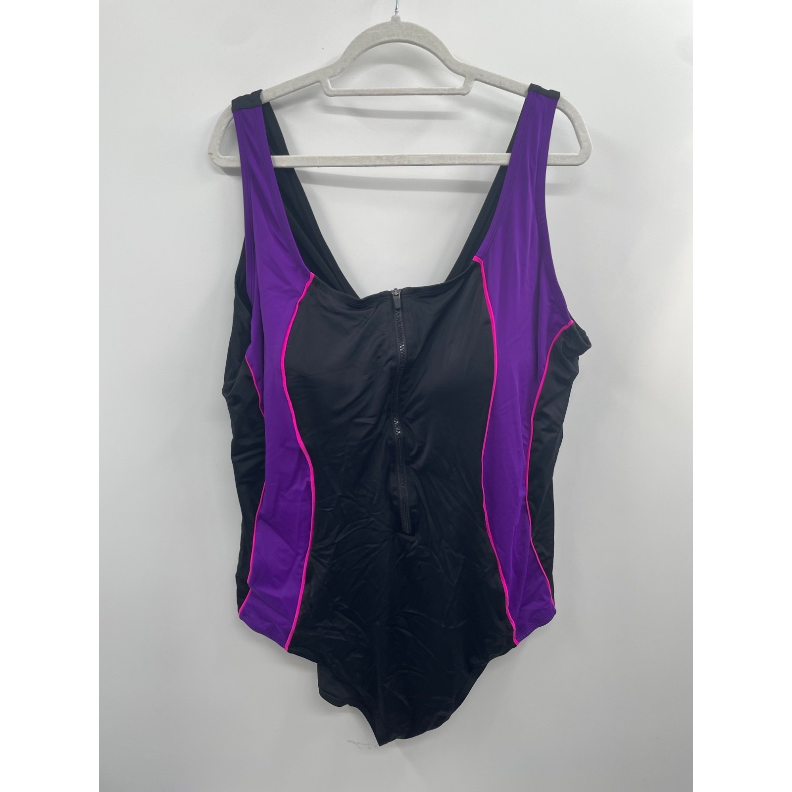 Swimsuits For All Swim 365 One-Piece Womens 34 Black Purple Zip Front Beach Nwot